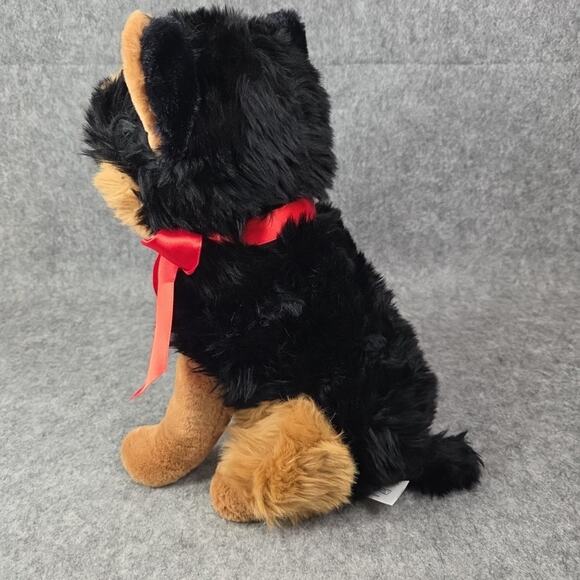 HugFun Rottweiler Dog Plush 14 Inch Brown Black Puppy Red Bow Stuffed Animal Toy - Picture 7 of 10